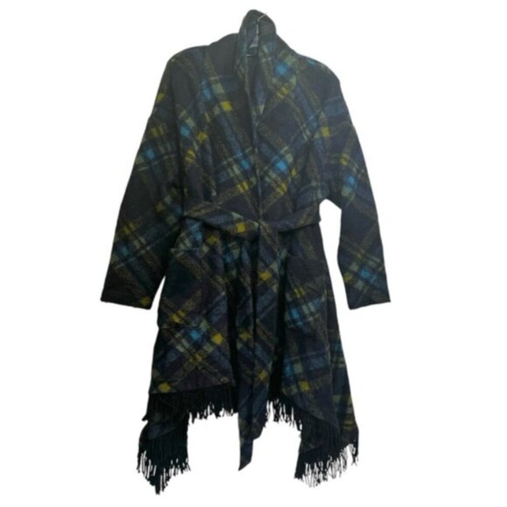 Samuel Dong Wool Check Fringe Wrap Coat Shawl Pockets Tartan Poncho Oversized L - Picture 2 of 16